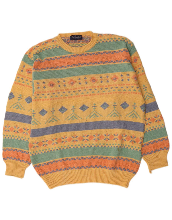 Old England Herre Crew Neck Jumper Sweater Large Yellow Fair Isle Wool