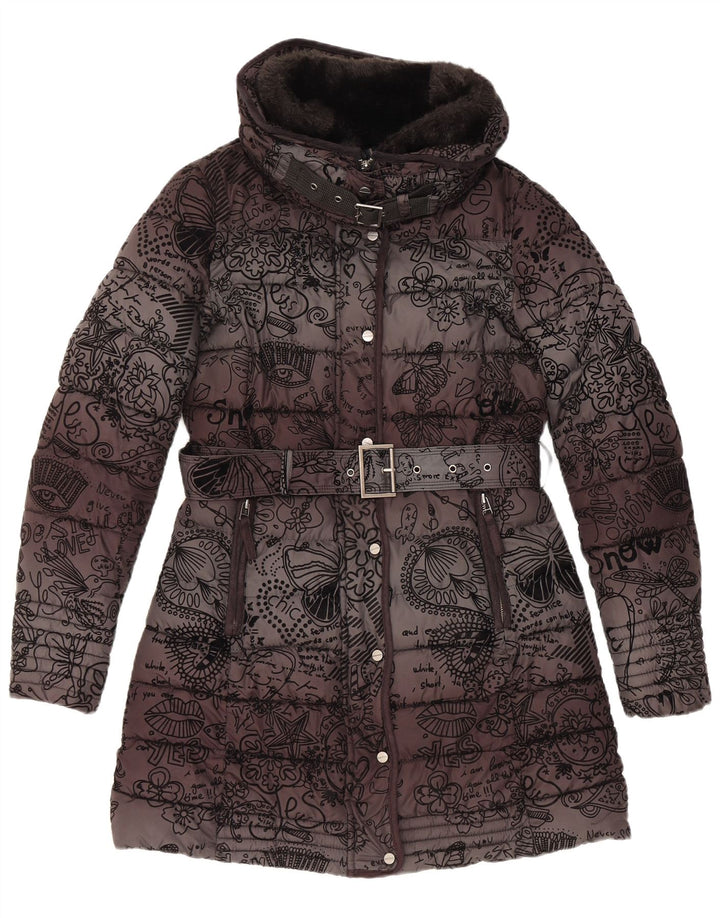 Desigual Polstret frakke med hætte til kvinder EU 38 Medium Black Floral Polyester