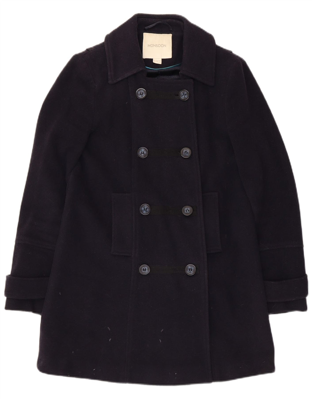 Monsoon Dame Dobbeltradet Frakke UK 8 Small Navy Blue Uld