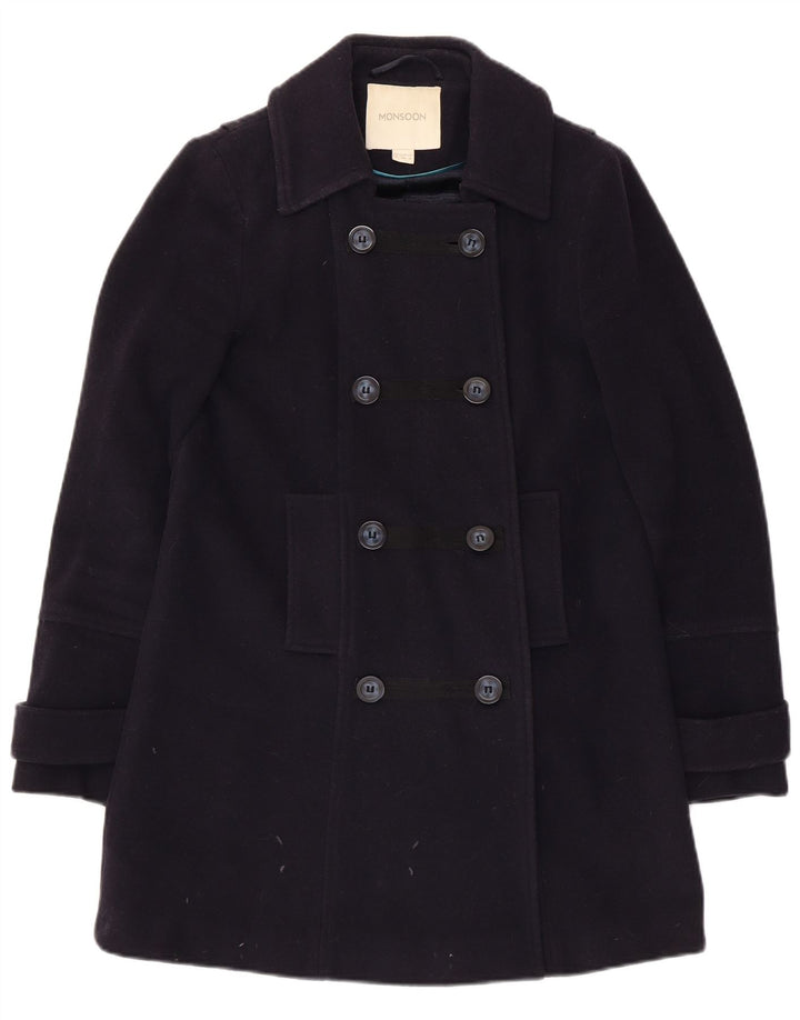 Monsoon Dame Dobbeltradet Frakke UK 8 Small Navy Blue Uld