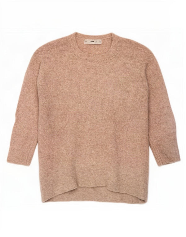 Zara dametrøje med 3/4 ærmer med rund hals trøje UK 14 Medium Beige
