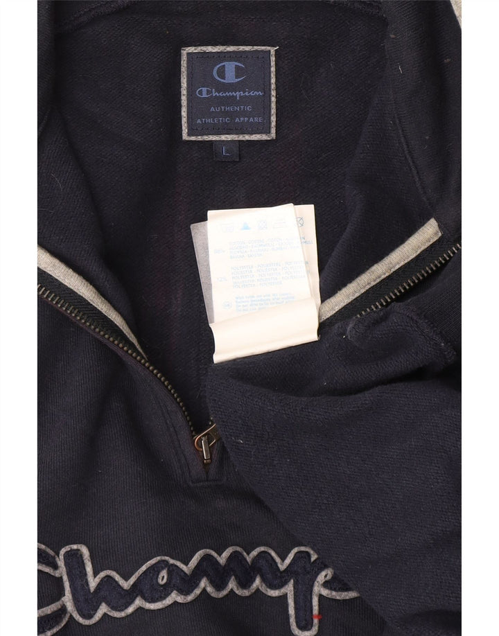 Champion Herre grafisk lynlås-hals sweatshirt jumper stor marineblå bomuld