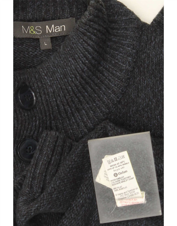 Marks & Spencer Herre Button Neck Jumper Sweater Large Navy Blue Flecked