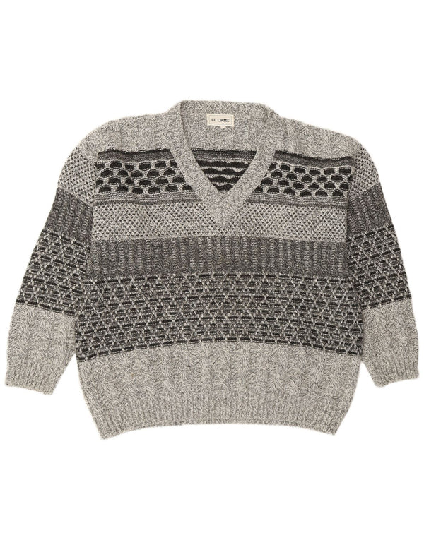 Vintage Herre V-hals sweater IT 54 XL Grå Geometrisk Akryl
