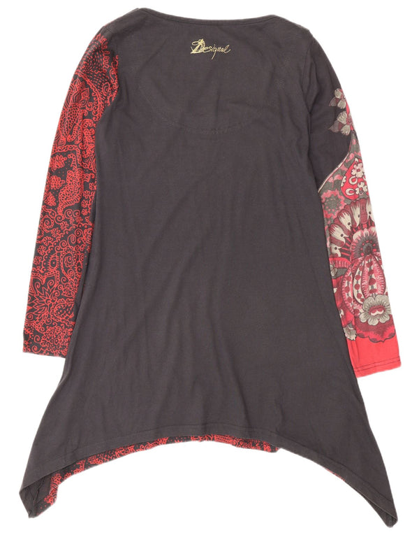 Desigual Dame Langærmet Asymmetrisk Tunika Top UK 12 Medium Grey Floral