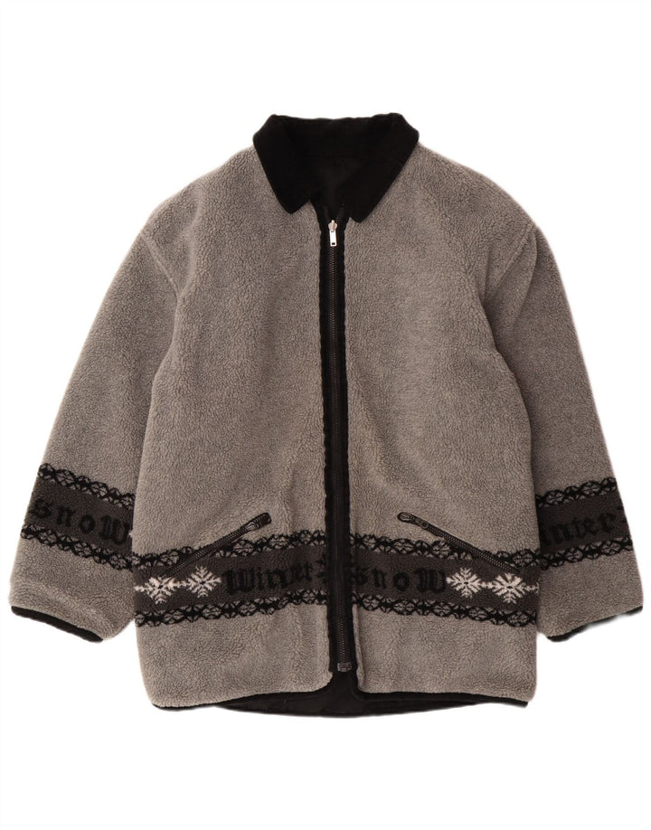 VINTAGE Herre grafisk vendbar fleecejakke UK 38 Medium Grey Fair Isle