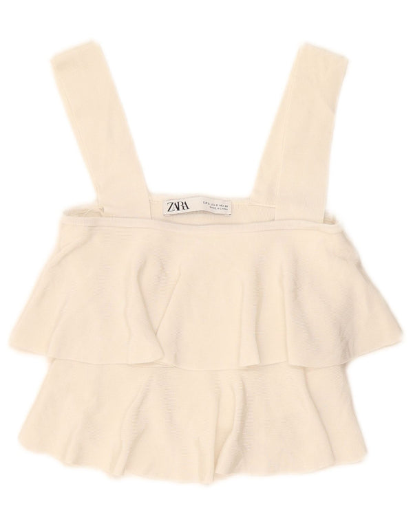 Zara Womens Crop Ruffle Front Cami Top UK 8 Small Off White Viscose