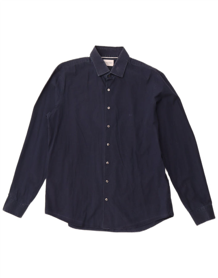 CALVIN KLEIN Herre Slim Fit skjorte str. 16 1/2 Large Marineblå Bomuld