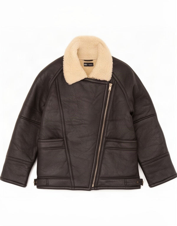 Zara Dame Loose Fit Sherpa Jacket UK 14 Medium Sort Læder