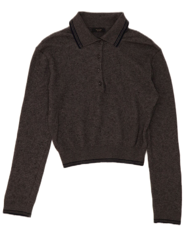 Massimo Dutti Dame Crop Polo Neck Jumper Sweater UK 12 Medium Grey