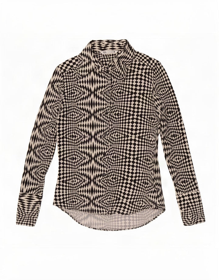 Zara skjortebluse til kvinder UK 12 Medium Sort geometrisk polyester