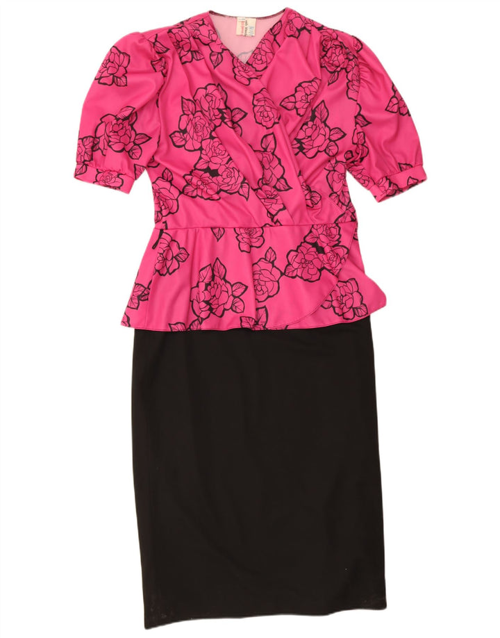 Vintage Dame Peplum Kjole UK 12 Medium Pink Floral