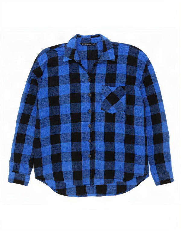 Zara Dame Oversized Flannel Shirt UK 16 Large Blue Gingham Viscose