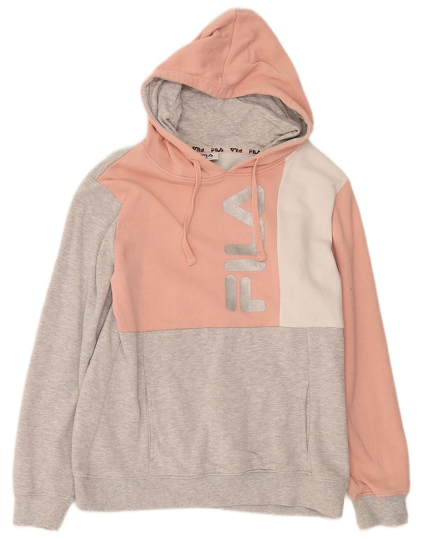 Fila Womens Graphic Hoodie Jumper UK 14 Medium Grey Colourblock Cotton