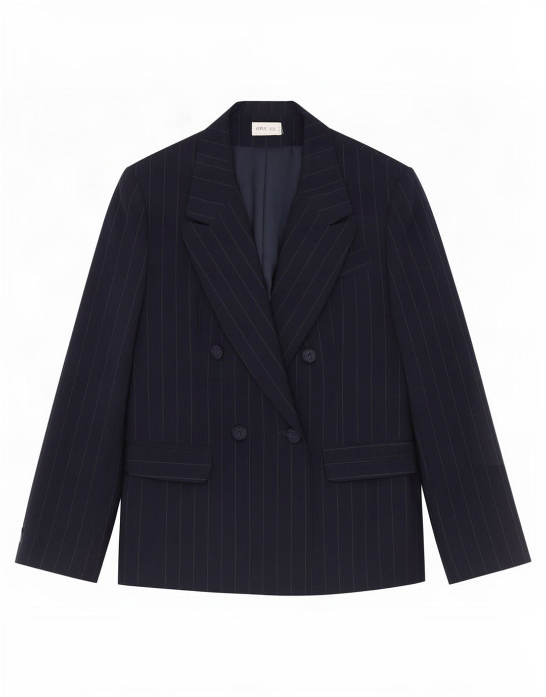 Bhs Dame Dobbeltradet Blazer Jacket UK 14 Large Navy Blue Pinstripe