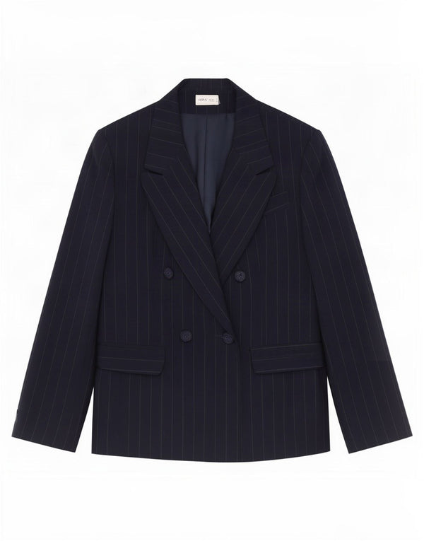 Bhs Dame Dobbeltradet Blazer Jacket UK 14 Large Navy Blue Pinstripe