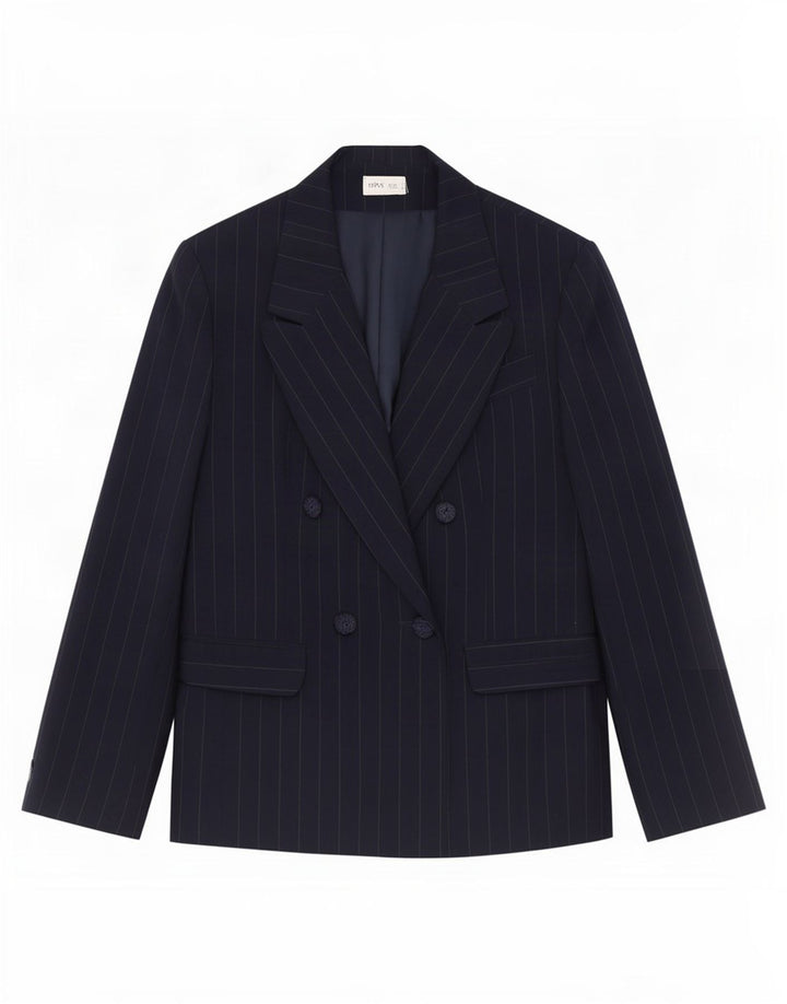 Bhs Dame Dobbeltradet Blazer Jacket UK 14 Large Navy Blue Pinstripe