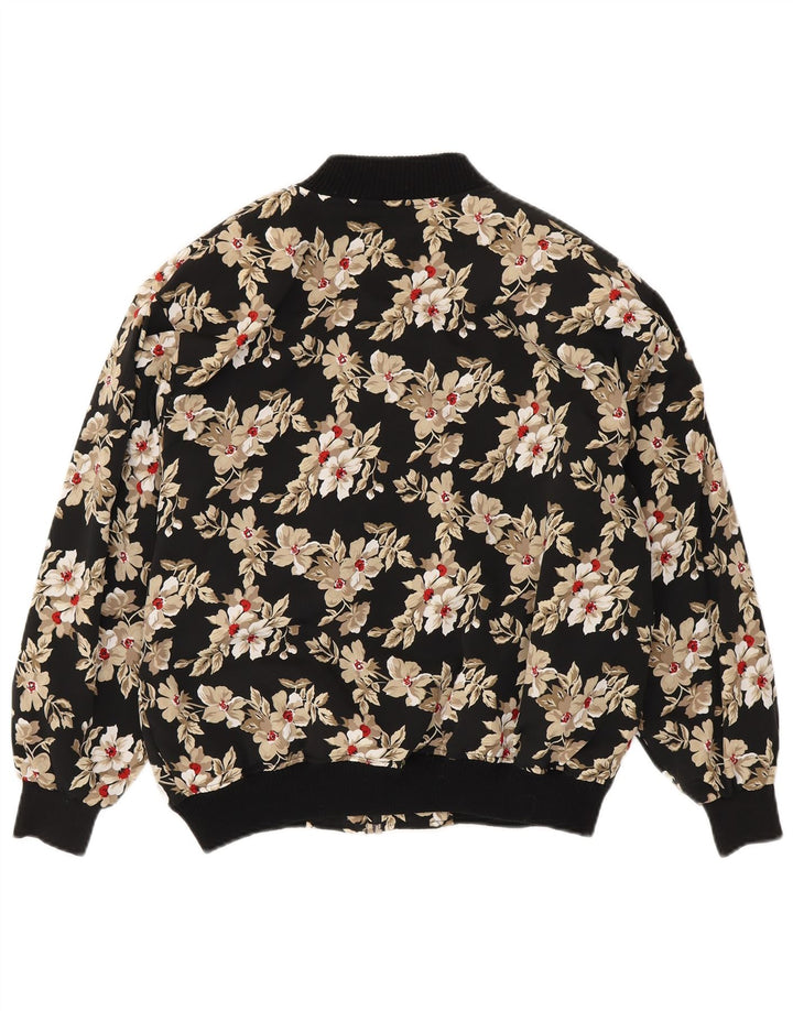 Vintage Dame Loose Fit Bomber Jacket UK 14 Medium Black Floral Polyester