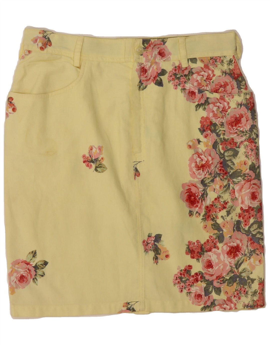 VINTAGE Womens Denim Skirt W30 Medium Yellow Floral Vintage Vintage and Second-Hand Vintage from Messina Hembry 