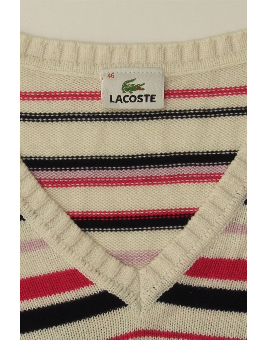 LACOSTE Womens V-Neck Jumper Sweater Size 46 XL Multicoloured Striped Vintage Lacoste and Second-Hand Lacoste from Messina Hembry 