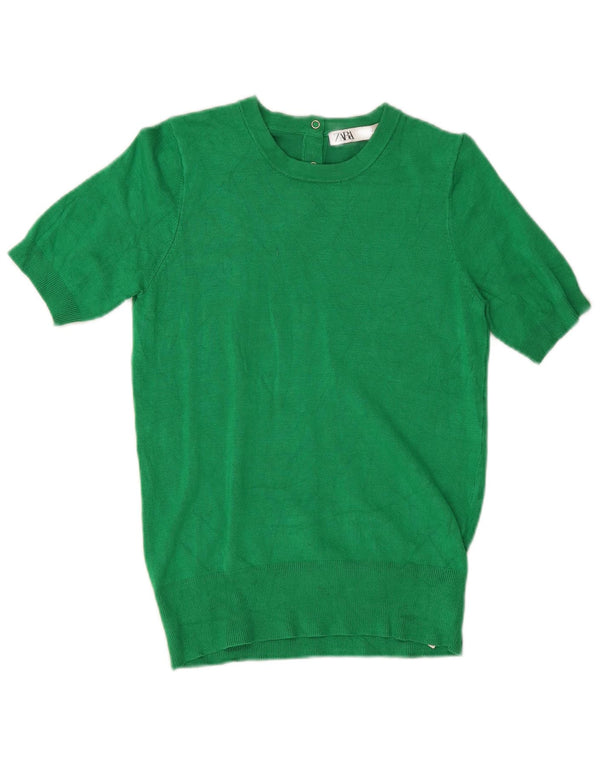 Zara Dame Kortærmet Boat Neck Jumper Sweater UK 10 Small Green Viscose