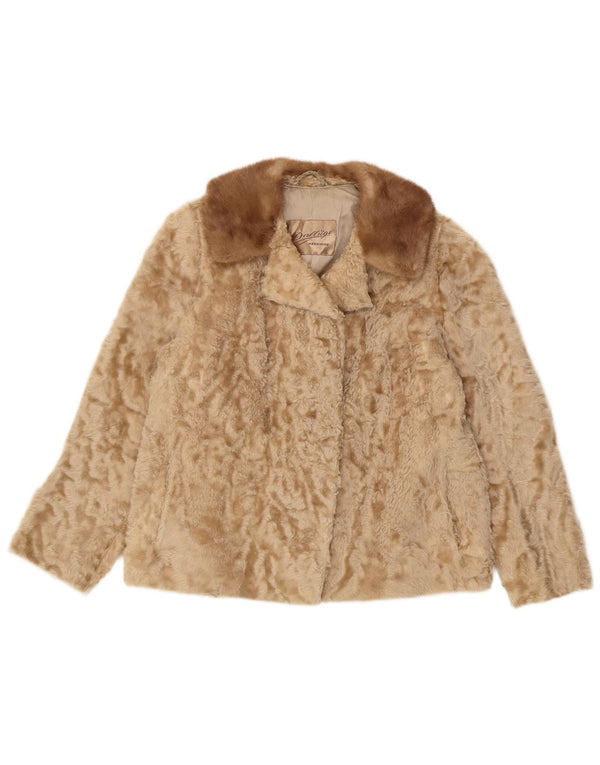 Vintage Dame imiteret Pelsjakke UK 10 Small Beige