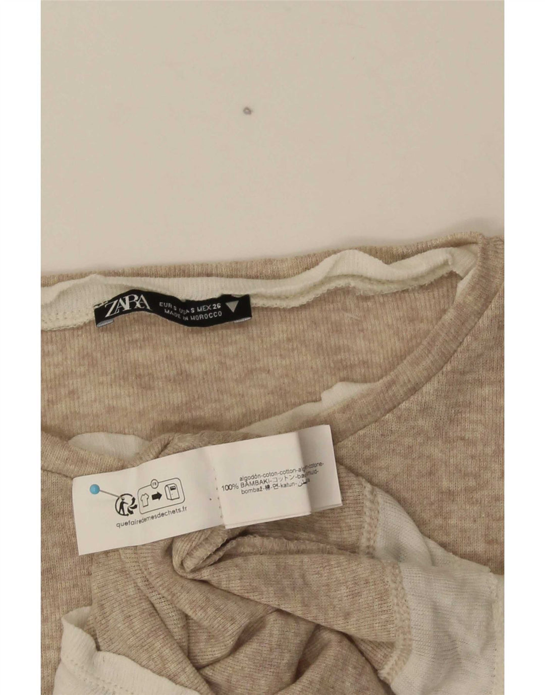 Zara Dame Top Langærmet UK 8 Small Beige Colourblock Bomuld
