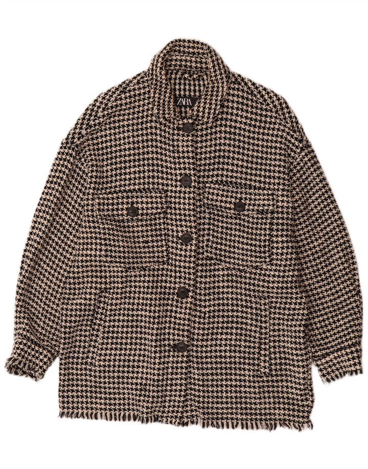 ZARA Womens Longline Oversized Utility Jacket UK 6 XS Black Houndstooth