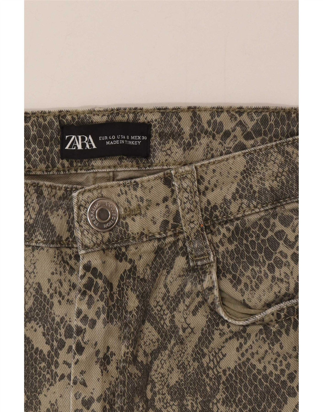 Zara Dame Slim Jeans EU 40 Medium W30 L28 Khaki Animal Print