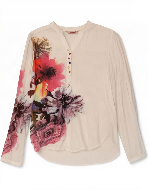 Desigual Dame Pullover Shirt UK 10 Small White Floral Viscose