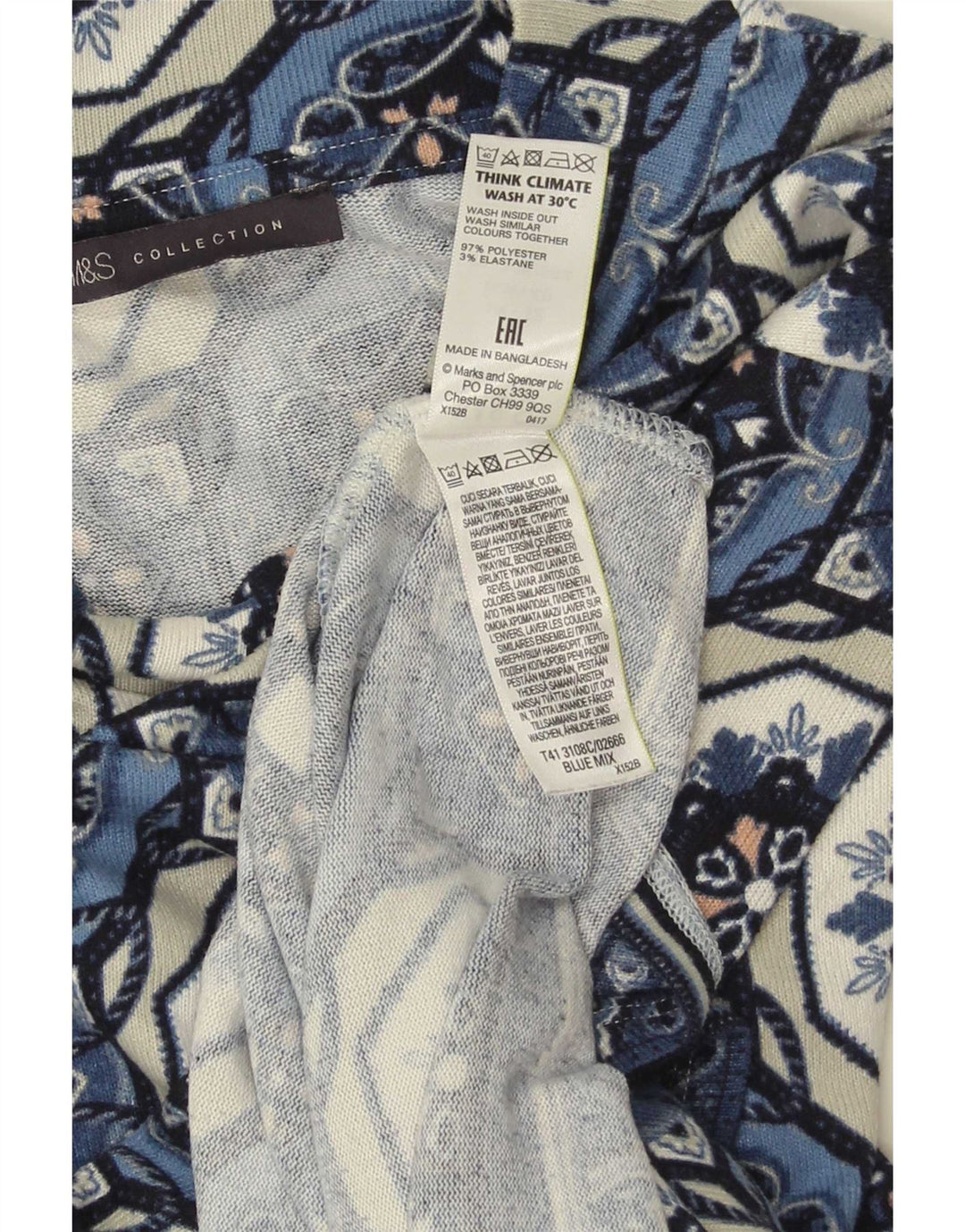 Marks & Spencer 3/4-ærmet tunikatop til kvinder DK 12 Mellemblå Geometrisk