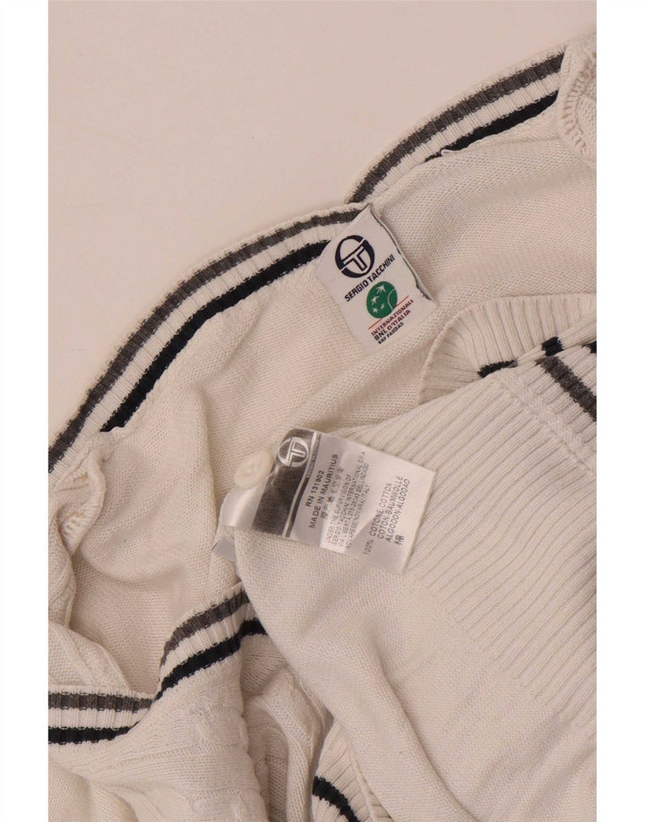 Sergio Tacchini Dame grafisk cardigan sweater UK 12 Medium White Bomuld