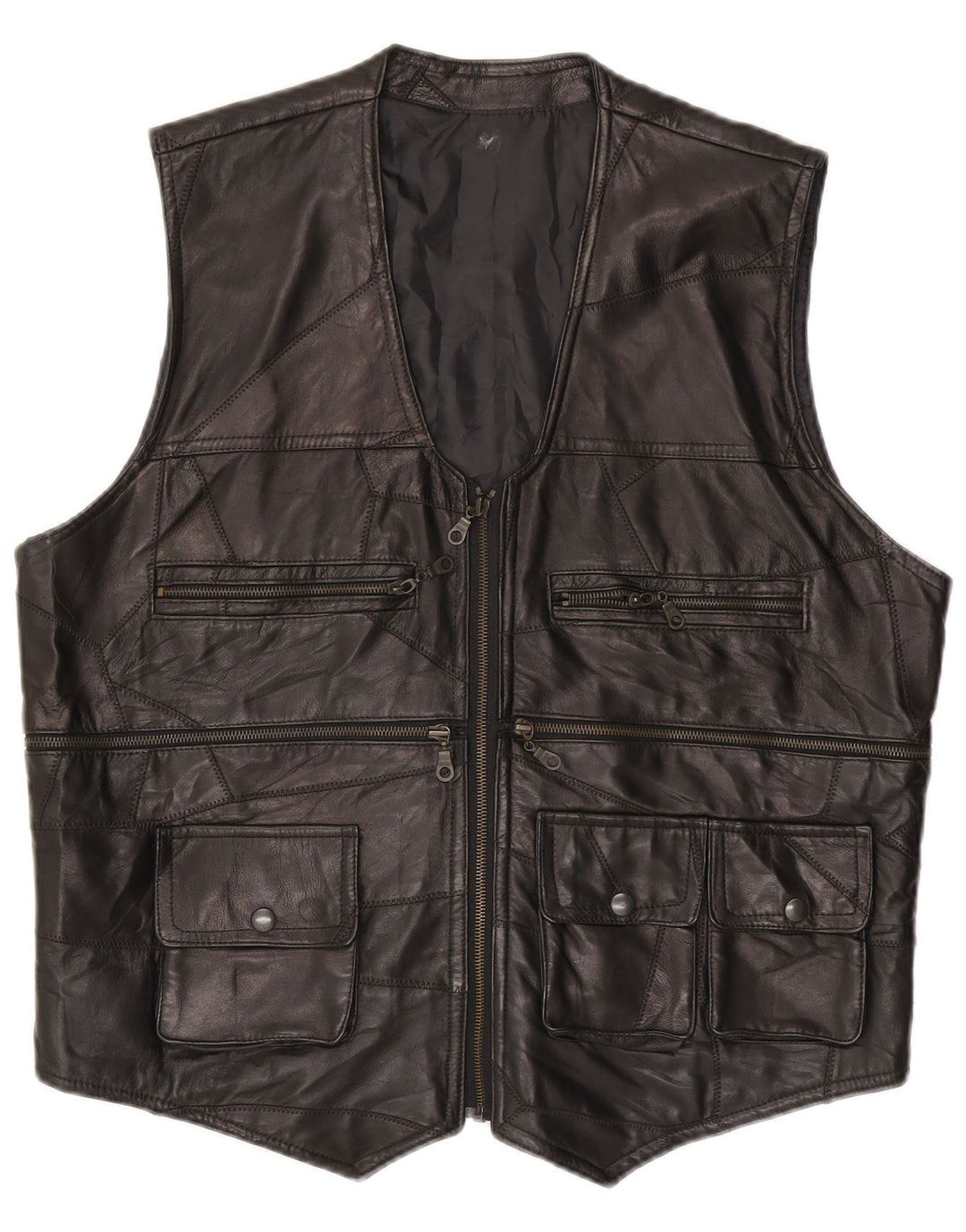 Vintage Herre Læder Utility Gilet UK 38 Medium Black Patchwork