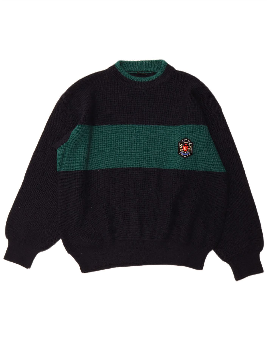 VINTAGE Herre Boat Neck Jumper Sweater XL Navy Blue Colourblock Uld