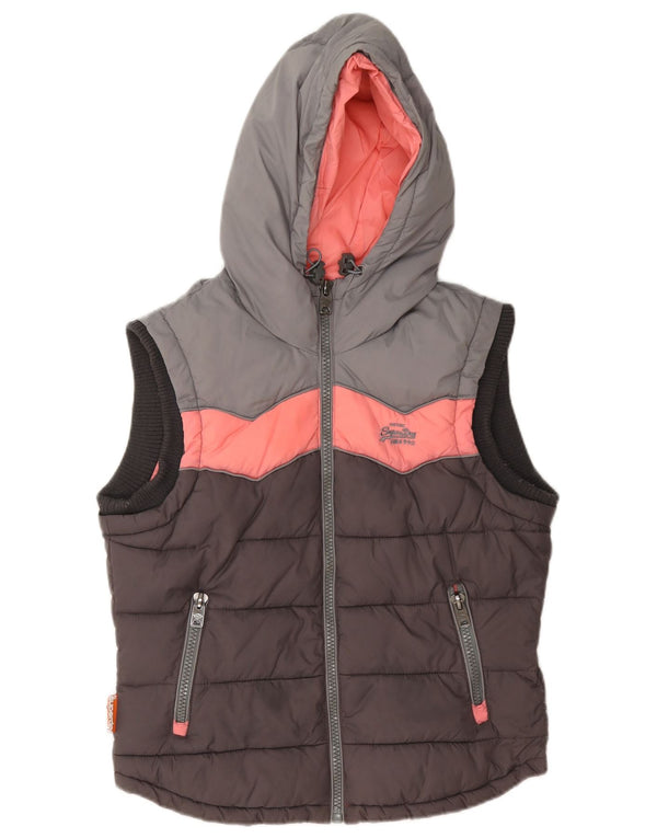 Superdry Dame hætte polstret Gilet UK 12 Medium Grey Colourblock Nylon