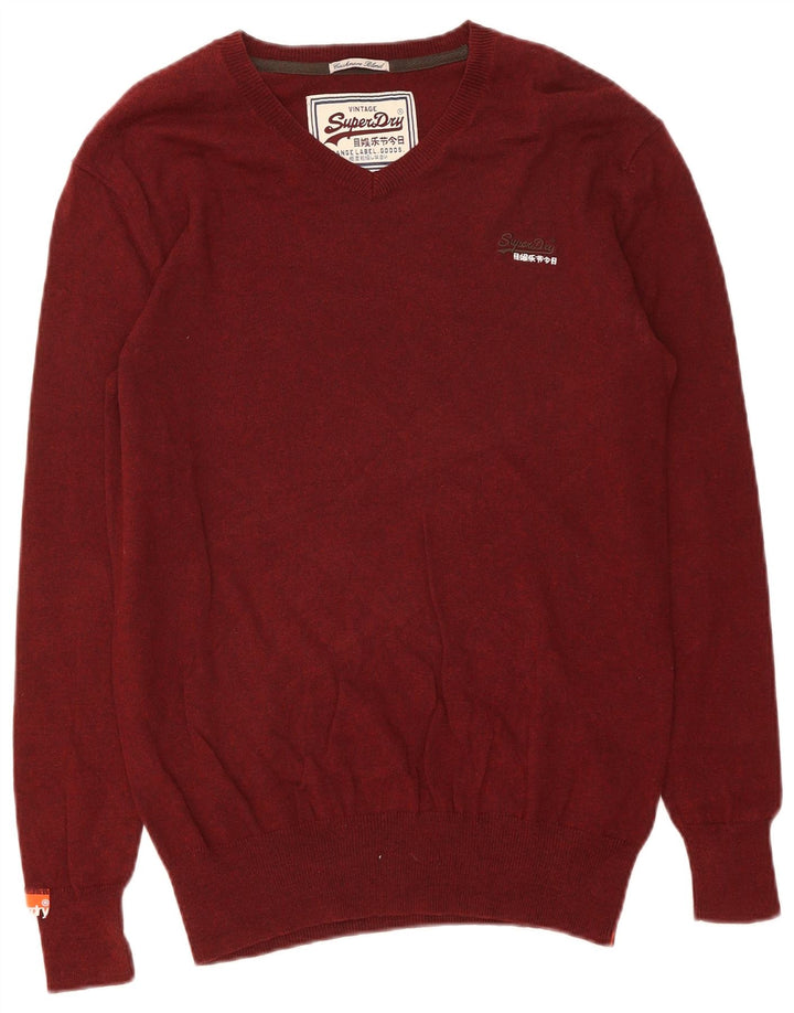 SUPERDRY Mens V-Neck Jumper Sweater Medium Maroon Cotton