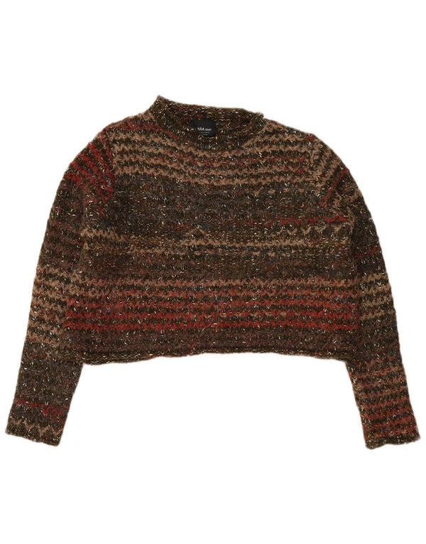 Zara Womens Crop Crew Neck Jumper Sweater UK 10 Small Khaki Striped