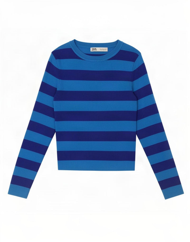 Zara Dame Crop Top Langærmet UK 10 Lille Blå Stribet Viscose