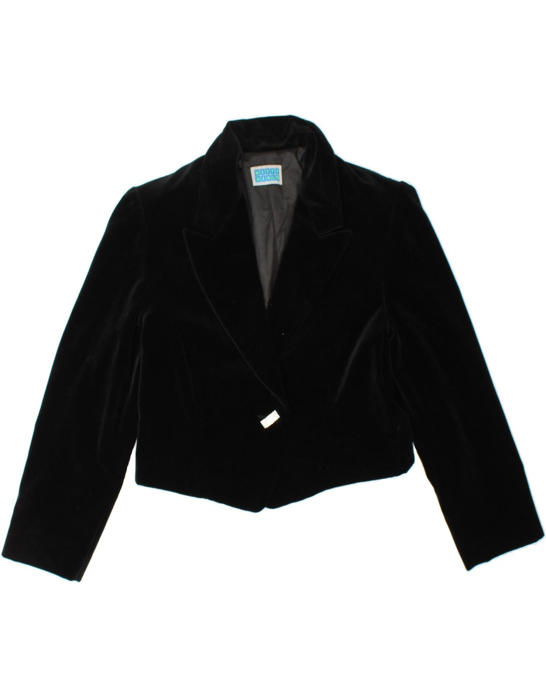 VINTAGE Womens Crop 1 Button Blazer Jacket UK 12 Medium Black Cotton Vintage Vintage and Second-Hand Vintage from Messina Hembry 