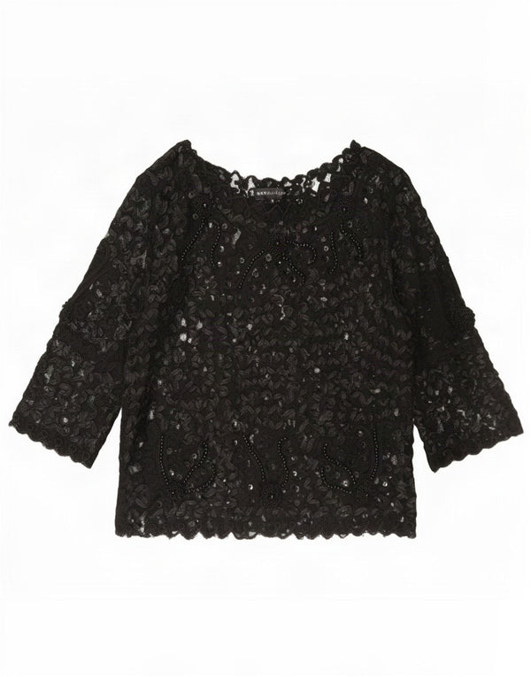 Sky Design Womens See Through Top 3/4 Sleeve US 4 Small Black Floral