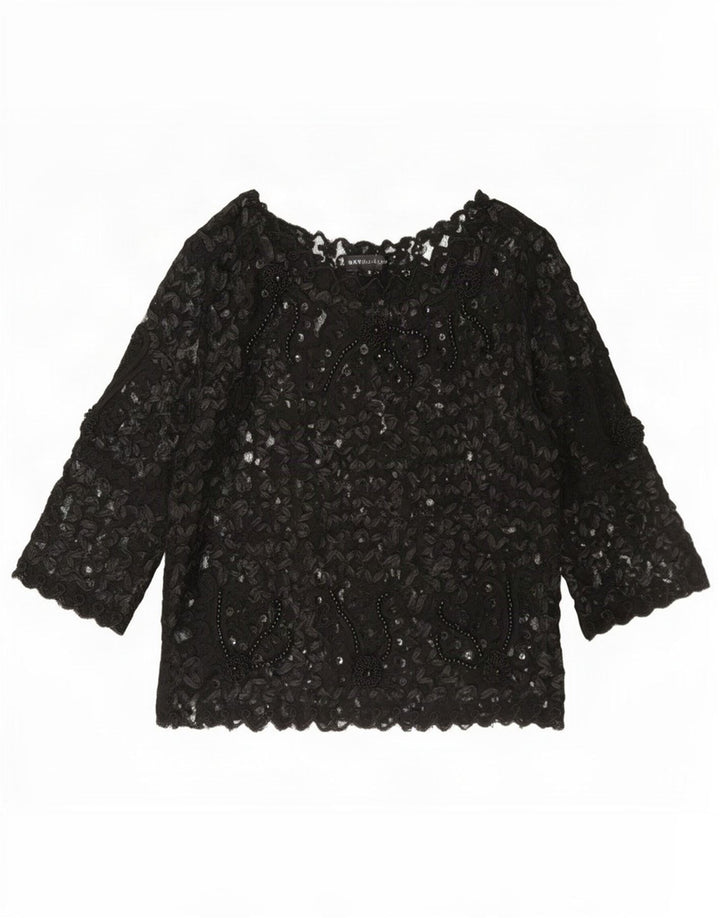 Sky Design Dame Se Through Top 3/4 ærme US 4 Small Black Floral