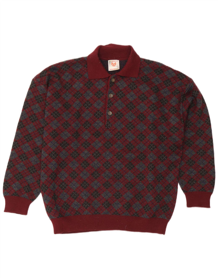 Stefanel Herre Polo Neck Jumper Sweater Medium Burgundy Argyle/Diamond Wool