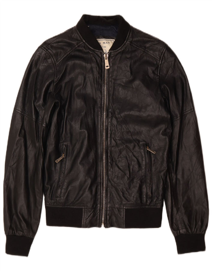 Zara Dame Læder Bomber Jacket UK 10 Lille sort læder
