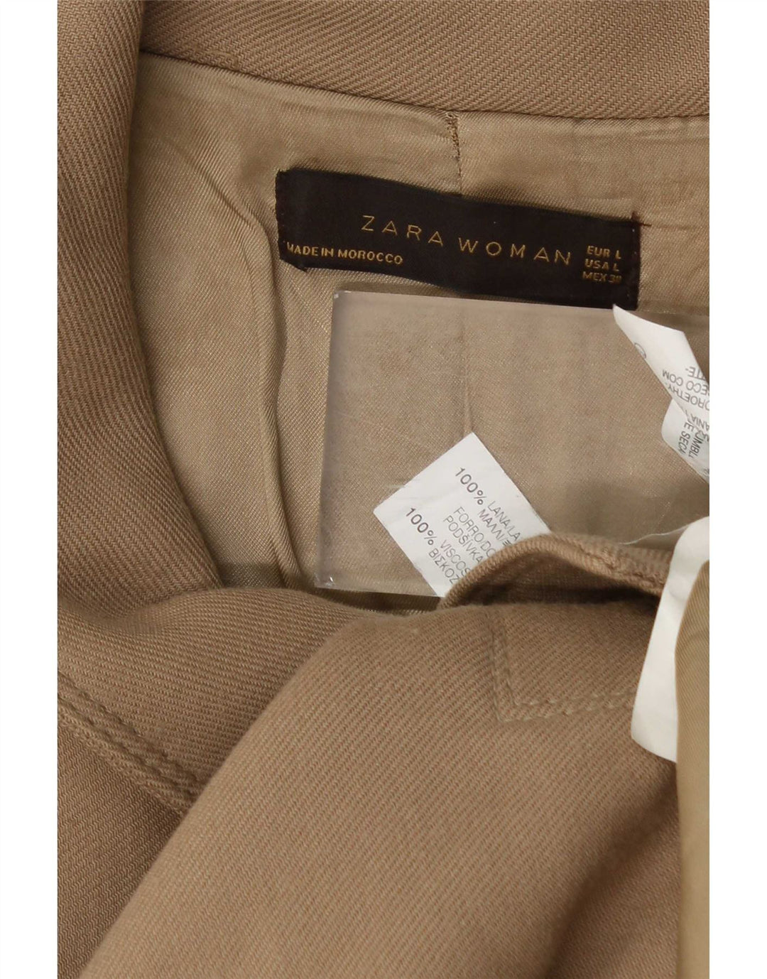 Zara Dame Overfrakke UK 14 Stor Beige Uld
