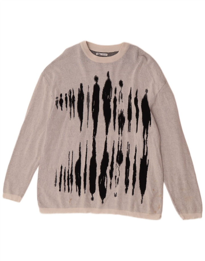 Zara Herre Grafisk Boat Neck Jumper Sweater Medium Grå Bomuld