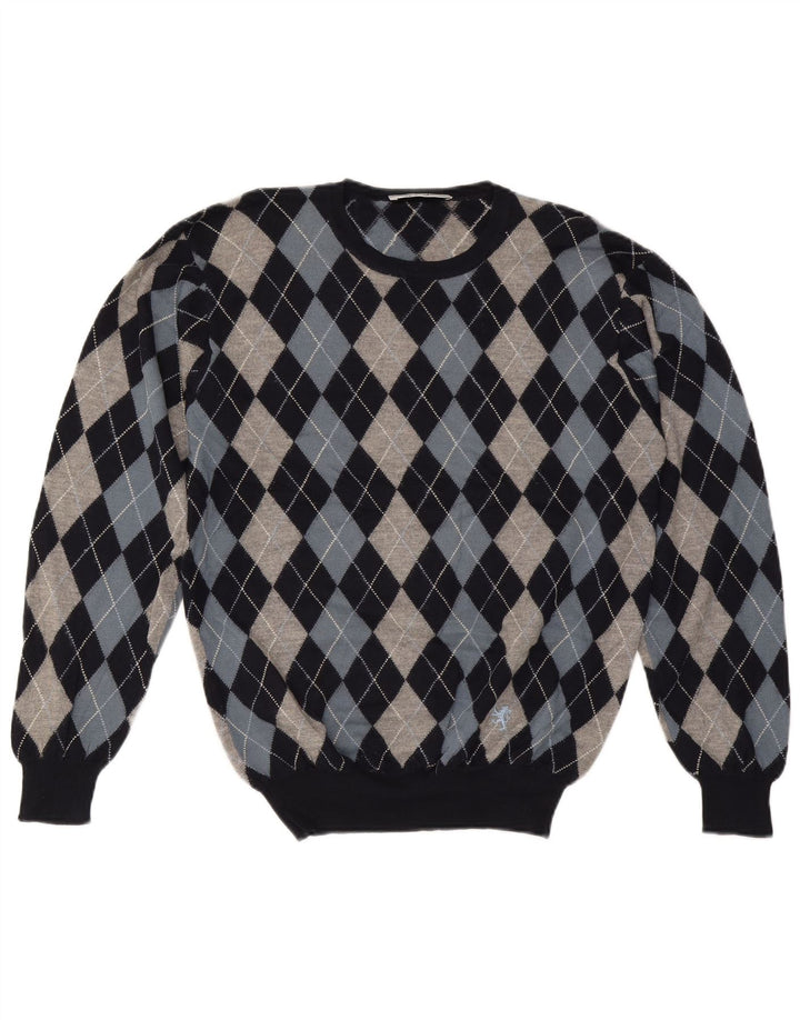 Pringle Herre Crew Neck Jumper Sweater Medium Navy Blue Argyle/Diamond Wool