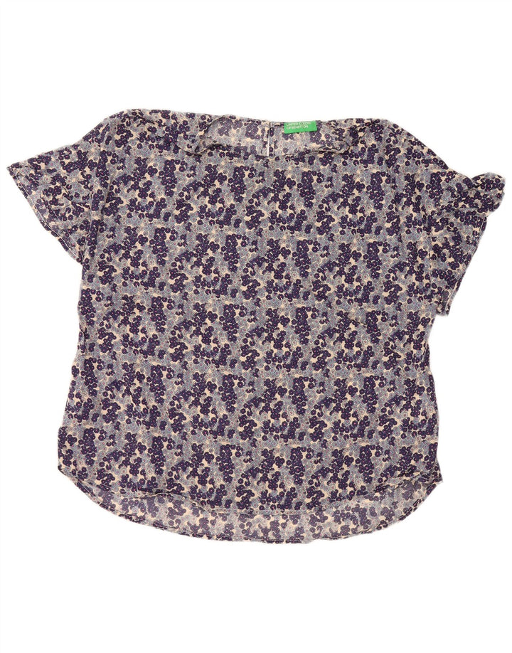 BENETTON Dame bluse Top UK 14 Medium Blue Floral Bomuld