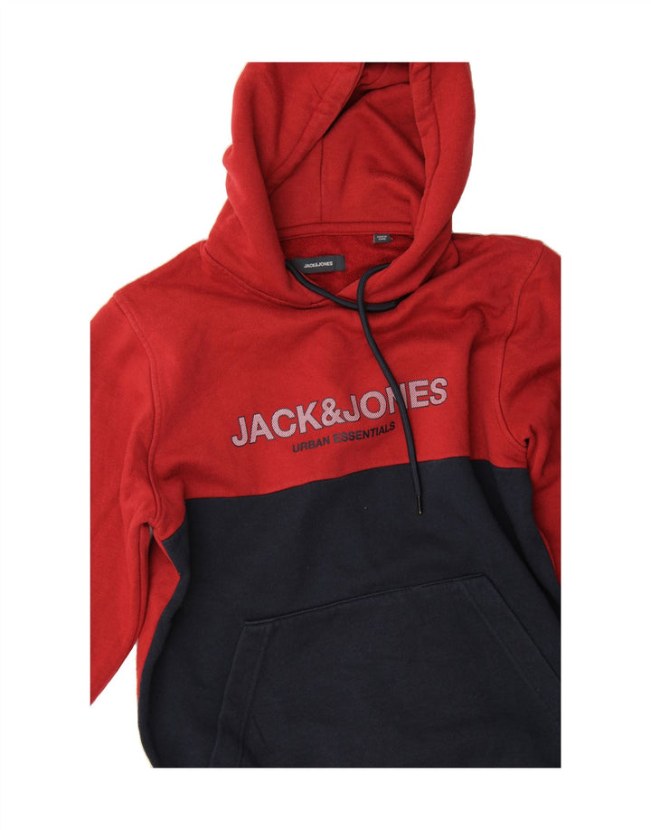 JACK & JONES Mens Graphic Hoodie Jumper Small Red Colourblock Polyester Vintage Jack & Jones and Second-Hand Jack & Jones from Messina Hembry 