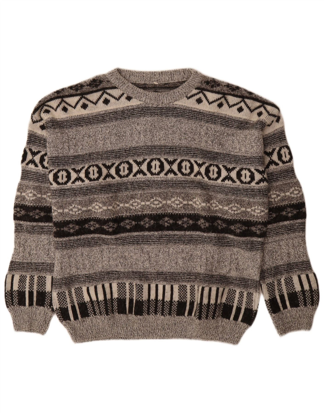 Vintage herre sweater med rund hals, mellemgrå geometrisk uld