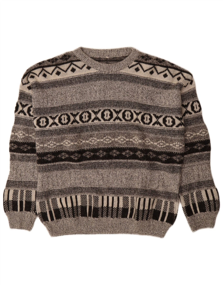 Vintage herre sweater med rund hals, mellemgrå geometrisk uld